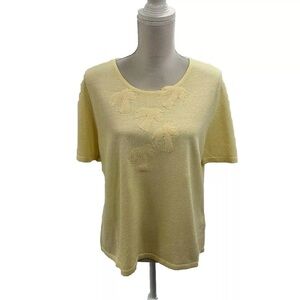 NWT Hearts Of Palms Yellow Knit Blouse Embroidered Short Sleeve Size Large